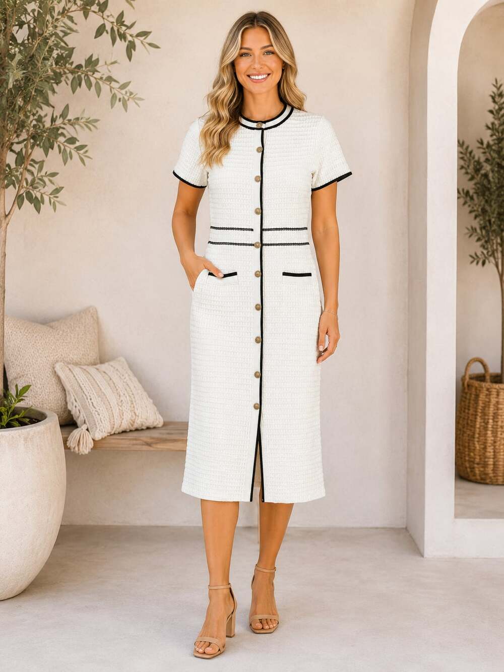 Zoe and Claire Sweater Knit Midi Dress Cream Black Contrast Trim Button Front S